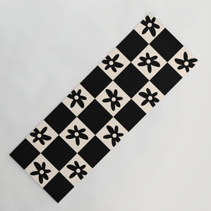 Flower Check Checkerboard Geometric Floral Pattern Black and Almond Cream Yoga Mat Gallery Image 1