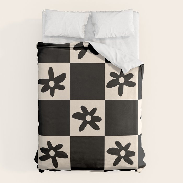 Flower Check Checkerboard Geometric Floral Pattern Black and Almond Cream Duvet Cover Gallery Image 1