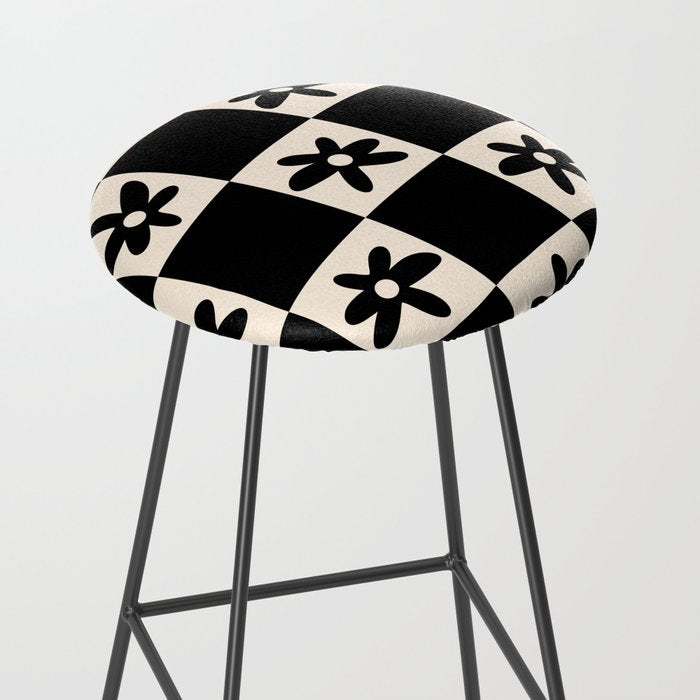 Flower Check Checkerboard Geometric Floral Pattern Black and Almond Cream Stool Gallery Image 2