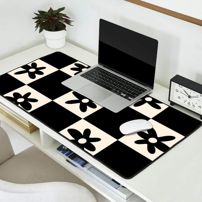 Flower Check Checkerboard Geometric Floral Pattern Black and Almond Cream Desk Mat Gallery Image 2