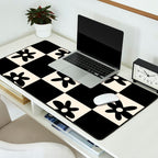 Flower Check Checkerboard Geometric Floral Pattern Black and Almond Cream Desk Mat Gallery Image 2