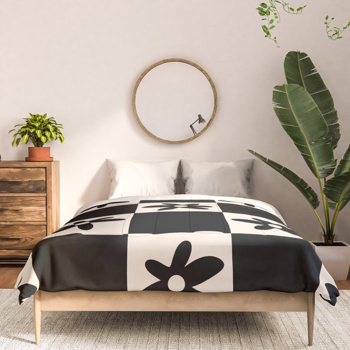 Flower Check Checkerboard Geometric Floral Pattern Black and Almond Cream Comforter Gallery Image 3