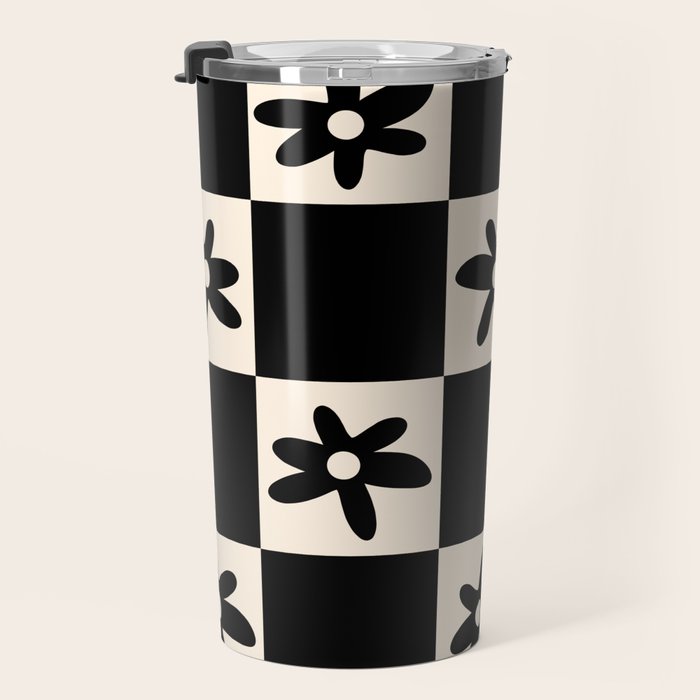 Flower Check Checkerboard Geometric Floral Pattern Black and Almond Cream Travel Mug Gallery Image 3