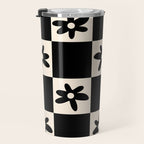 Flower Check Checkerboard Geometric Floral Pattern Black and Almond Cream Travel Mug Gallery Image 3