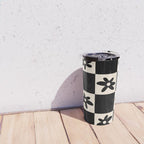 Flower Check Checkerboard Geometric Floral Pattern Black and Almond Cream Travel Mug Gallery Image 4