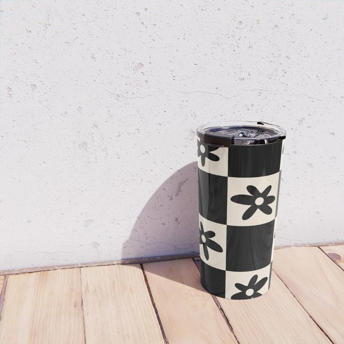 Flower Check Checkerboard Geometric Floral Pattern Black and Almond Cream Travel Mug Gallery Image 4