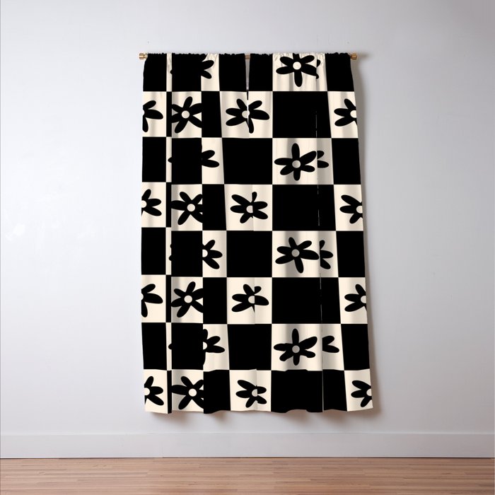 Flower Check Checkerboard Geometric Floral Pattern Black and Almond Cream Window Curtain Gallery Image 3