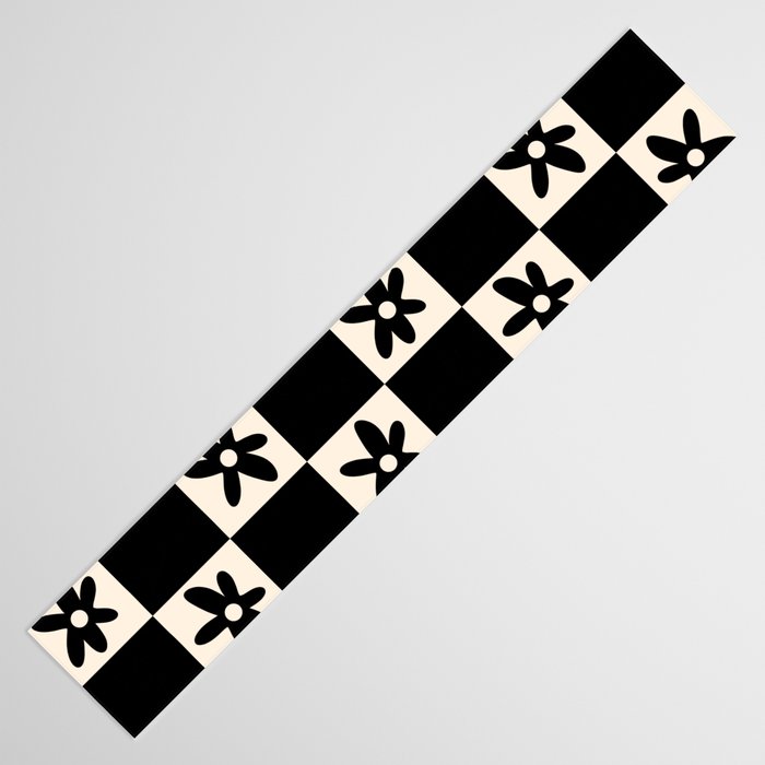 Flower Check Checkerboard Geometric Floral Pattern Black and Almond Cream Table Runner Gallery Image 3