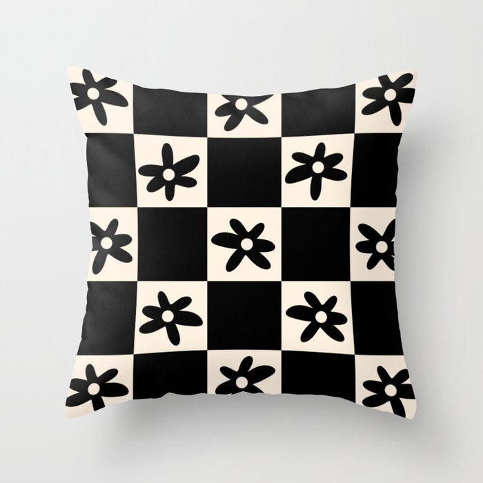 Flower Check Checkerboard Geometric Floral Pattern Black and Almond Cream Throw Pillow Gallery Image 6