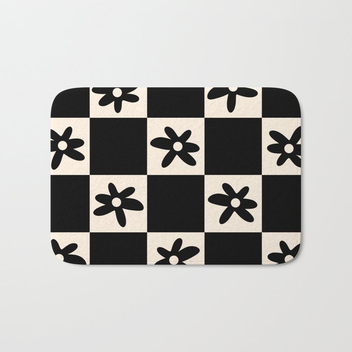 Flower Check Checkerboard Geometric Floral Pattern Black and Almond Cream Bath Mat Gallery Image 1