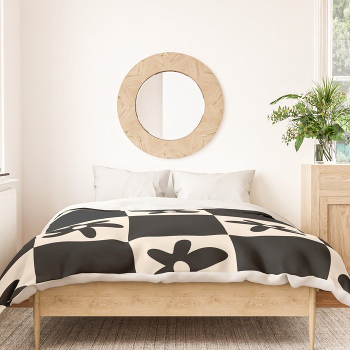 Flower Check Checkerboard Geometric Floral Pattern Black and Almond Cream Duvet Cover Gallery Image 3