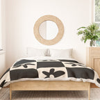 Flower Check Checkerboard Geometric Floral Pattern Black and Almond Cream Duvet Cover Gallery Image 3