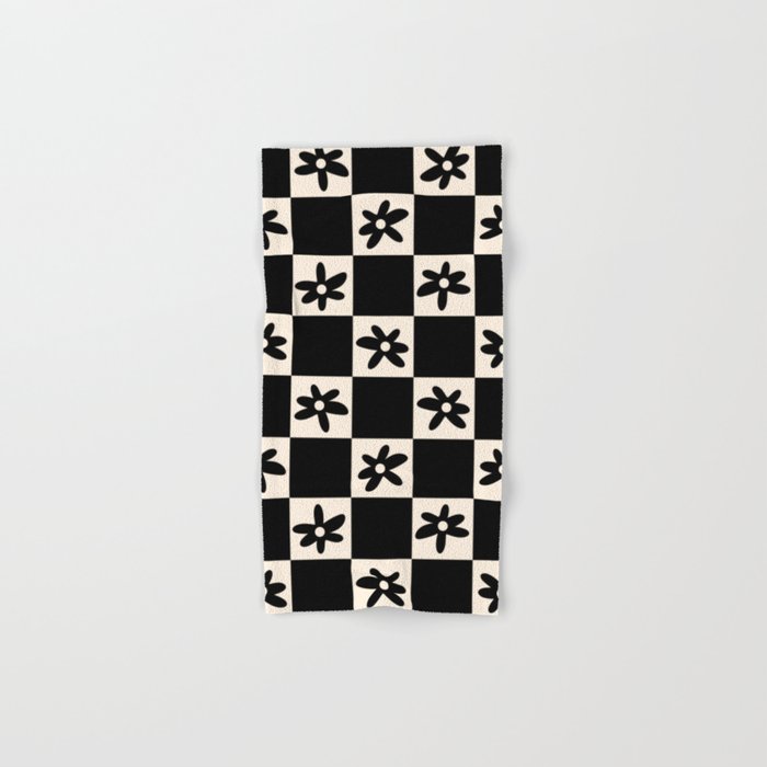 Flower Check Checkerboard Geometric Floral Pattern Black and Almond Cream Bath Towel Gallery Image 1