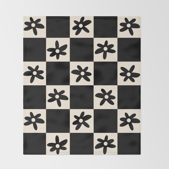 Flower Check Checkerboard Geometric Floral Pattern Black and Almond Cream Throw Blanket Gallery Image 2