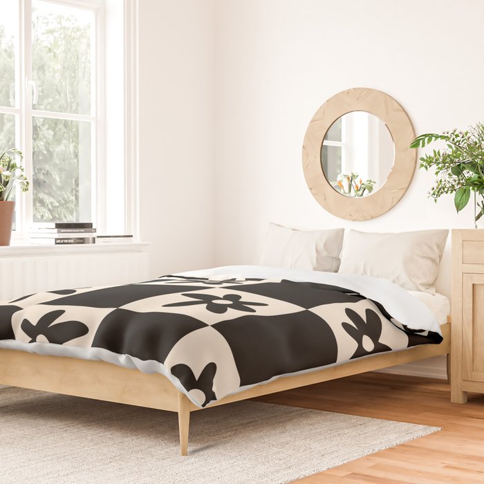 Flower Check Checkerboard Geometric Floral Pattern Black and Almond Cream Duvet Cover Gallery Image 2