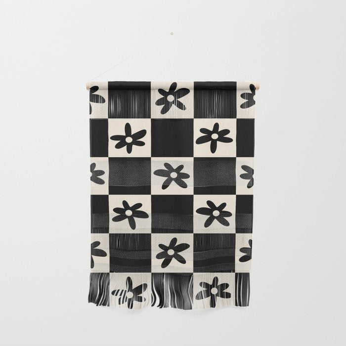 Flower Check Checkerboard Geometric Floral Pattern Black and Almond Cream Wall Hanging Gallery Image 1