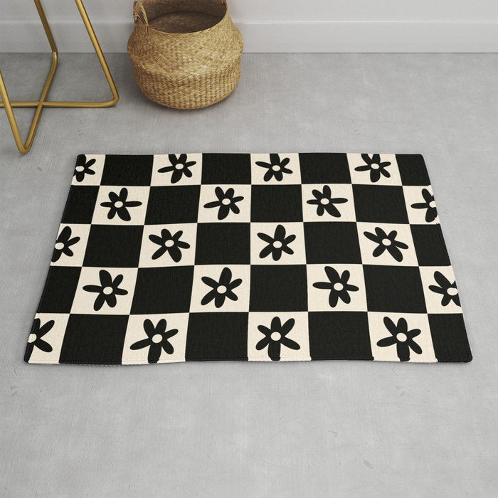 Flower Check Checkerboard Geometric Floral Pattern Black and Almond Cream Rug Gallery Image 1