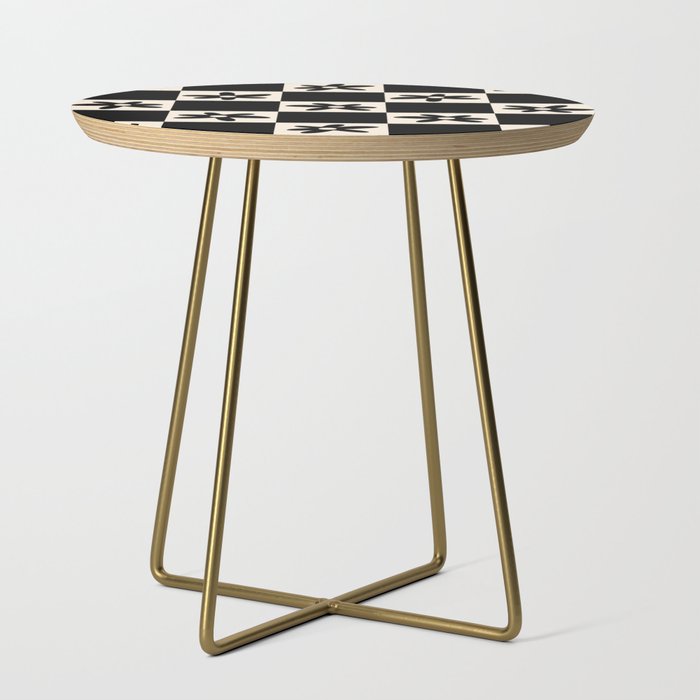 Flower Check Checkerboard Geometric Floral Pattern Black and Almond Cream Side Table Gallery Image 1