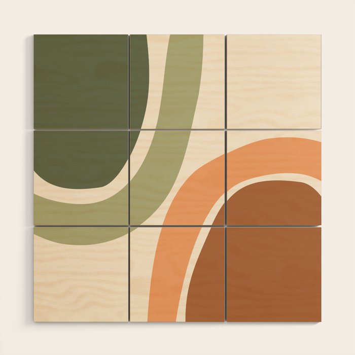 Abstract Shapes 55 in Sage Green and Terracotta (Rainbow Abstraction) Wood Wall Art Gallery Image 1