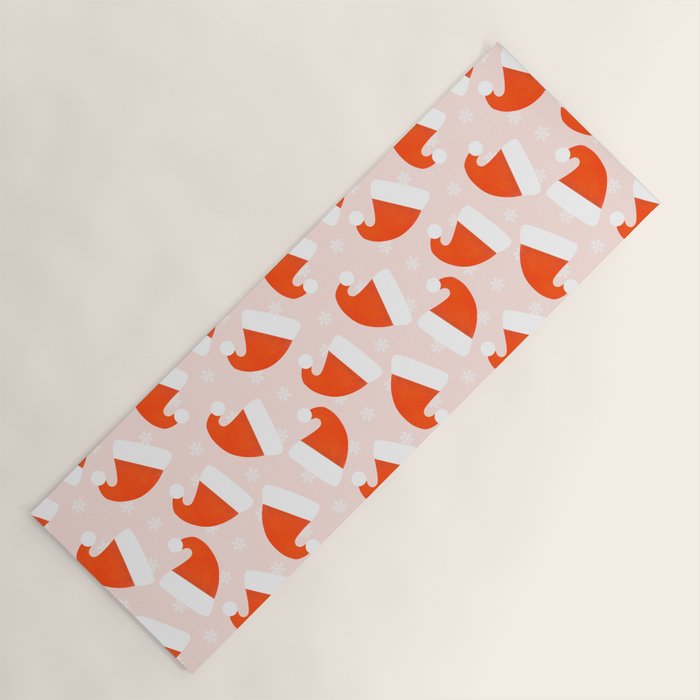 Santa Hats and Snowflakes on Pink Background Yoga Mat Gallery Image 1