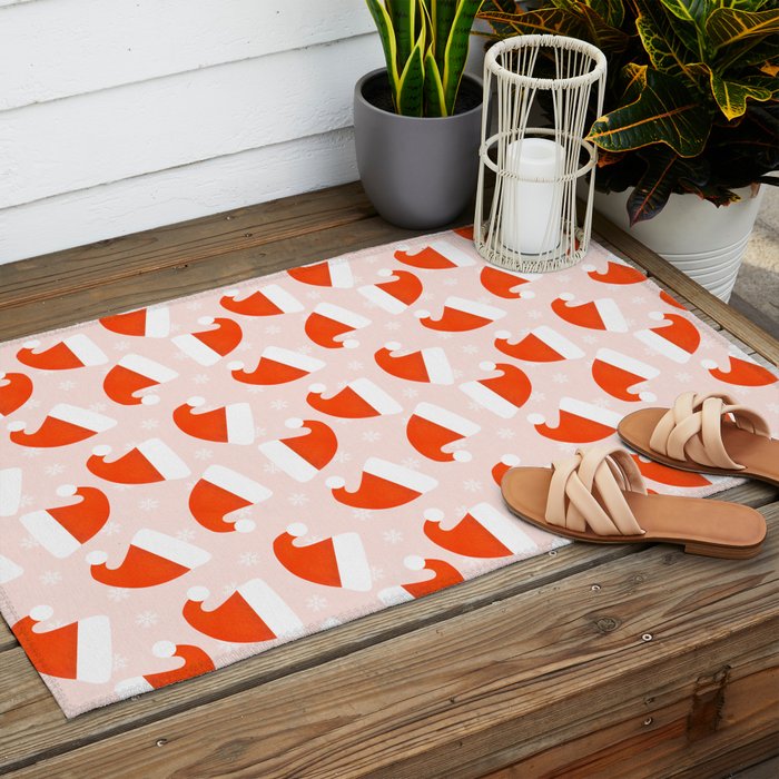 Santa Hats and Snowflakes on Pink Background Outdoor Rug Gallery Image 2