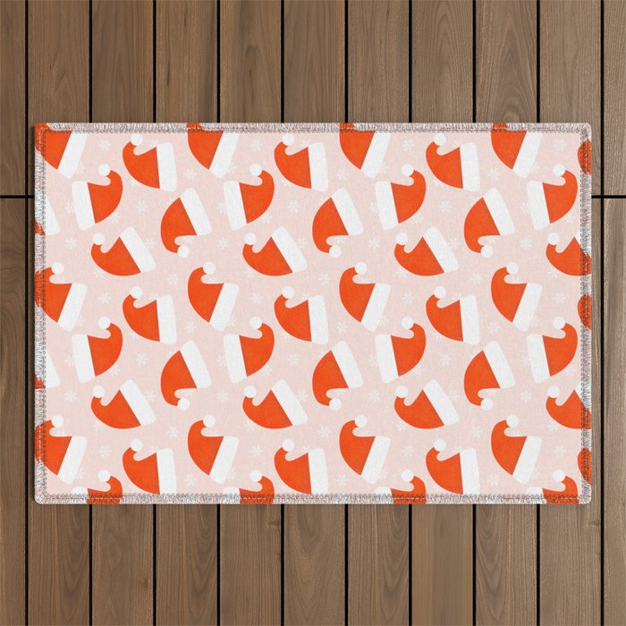 Santa Hats and Snowflakes on Pink Background Outdoor Rug Gallery Image 1