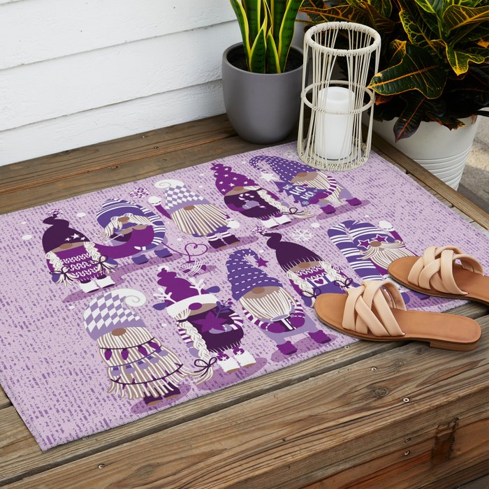 Let it gnome // monochromatic violet little Santa's helpers preparing for Christmas Outdoor Rug Gallery Image 2