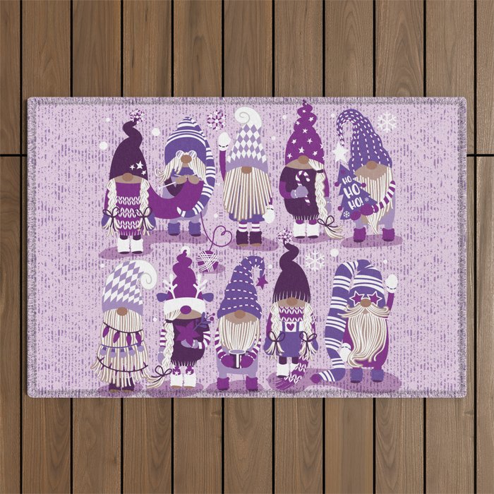 Let it gnome // monochromatic violet little Santa's helpers preparing for Christmas Outdoor Rug Gallery Image 1