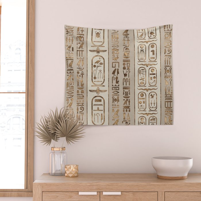 Egyptian hieroglyphs Pastel Gold Wall Tapestry Gallery Image 2