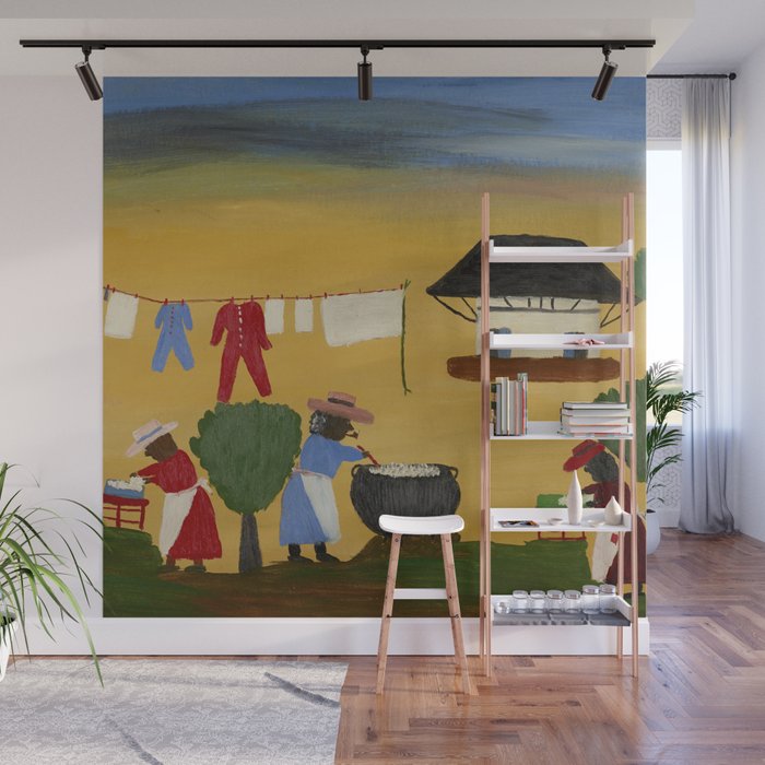 African American Masterpiece 'The Wash' portrait painting by Clementine Hunter   Wall Mural Gallery Image 1