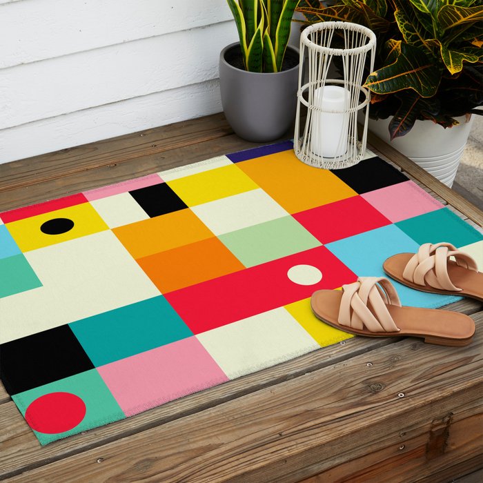 Geometric Bauhaus Pattern | Retro Arcade Video Game | Abstract Shapes Outdoor Rug Gallery Image 2