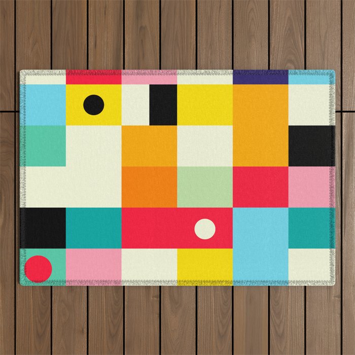 Geometric Bauhaus Pattern | Retro Arcade Video Game | Abstract Shapes Outdoor Rug Gallery Image 1