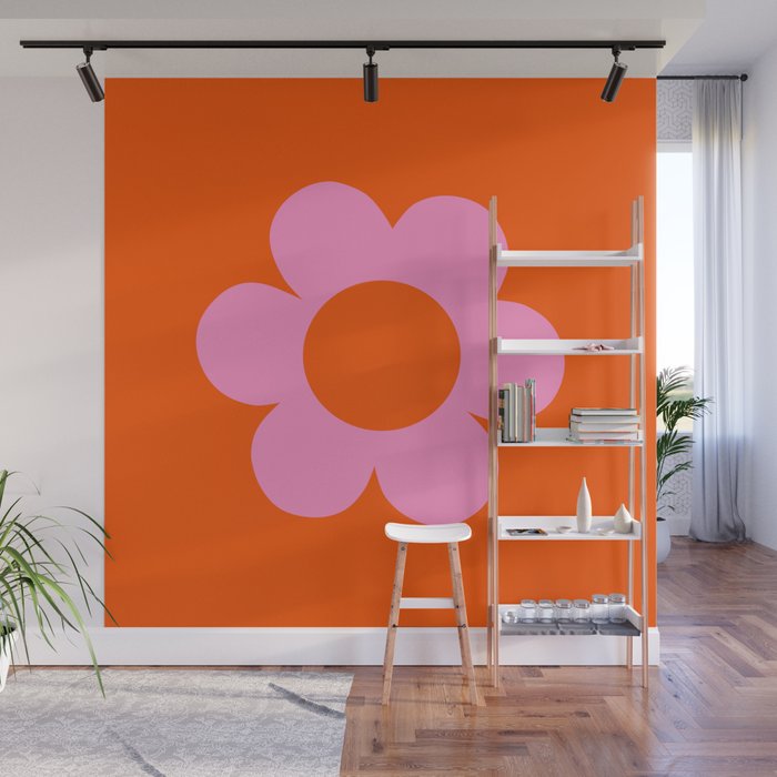 La Fleur | 01 - Retro Floral Print Orange And Pink Aesthetic Preppy Modern Abstract Flower Wall Mural Gallery Image 1
