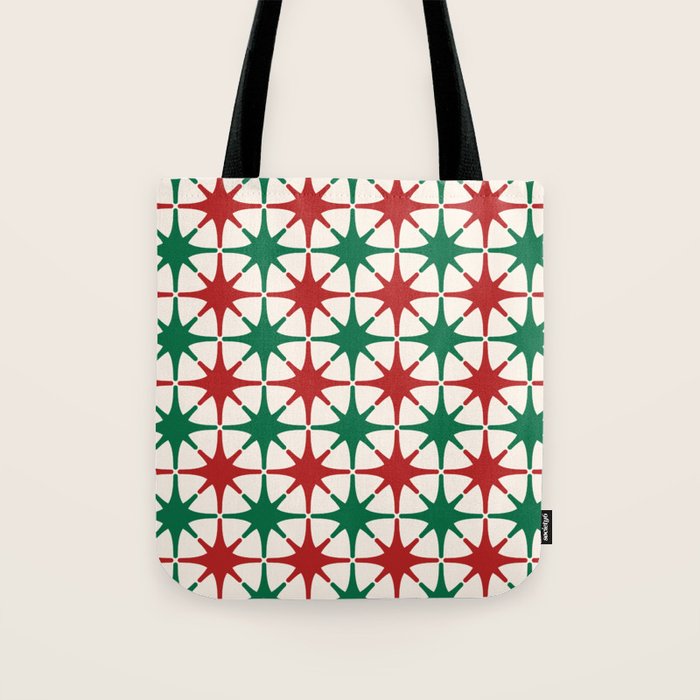 Festive Mid-Century Stars & Sparkles in Green, Red & White Tote Bag Gallery Image 1