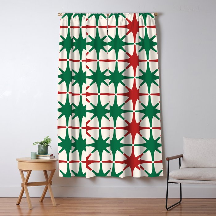 Festive Mid-Century Stars & Sparkles in Green, Red & White Window Curtain Gallery Image 5