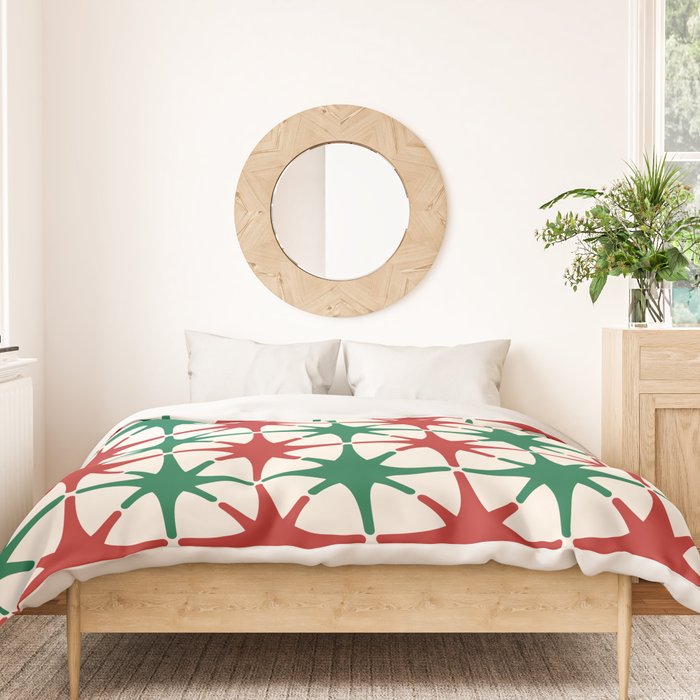 Festive Mid-Century Stars & Sparkles in Green, Red & White Duvet Cover Gallery Image 3