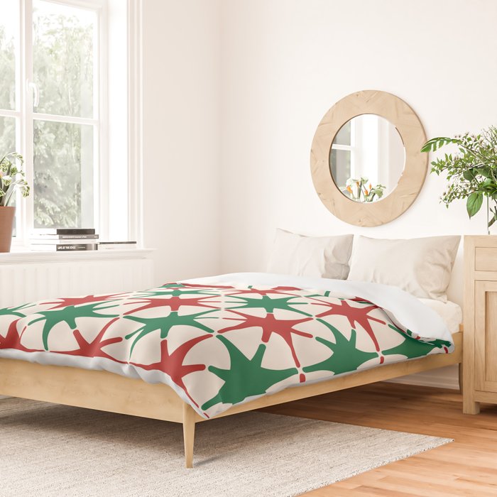 Festive Mid-Century Stars & Sparkles in Green, Red & White Duvet Cover Gallery Image 2