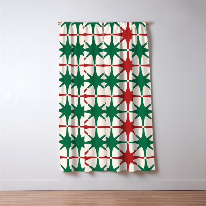Festive Mid-Century Stars & Sparkles in Green, Red & White Window Curtain Gallery Image 3