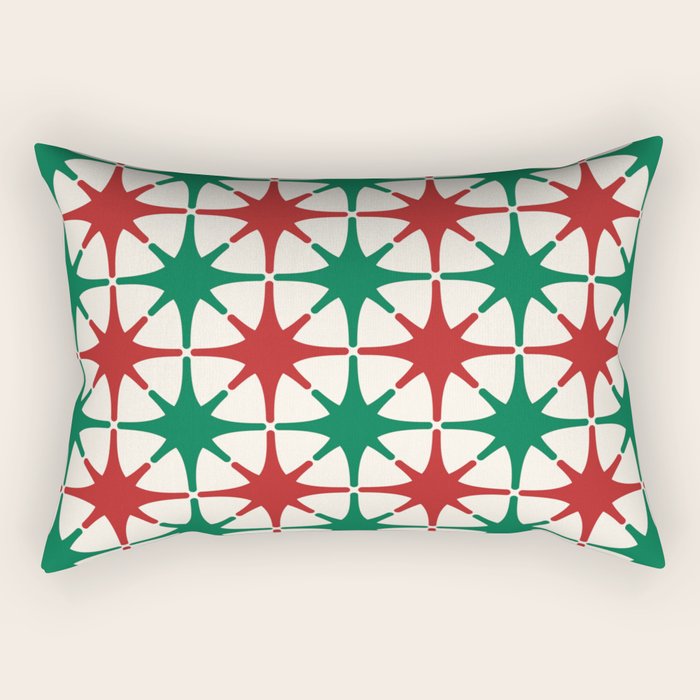 Festive Mid-Century Stars & Sparkles in Green, Red & White Rectangular Pillow Gallery Image 2