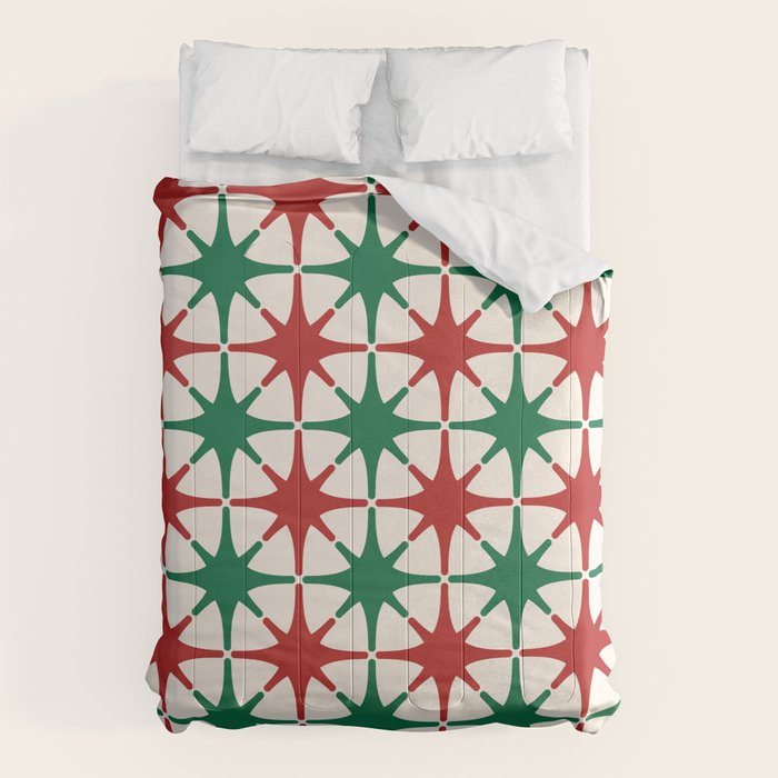 Festive Mid-Century Stars & Sparkles in Green, Red & White Comforter Gallery Image 6