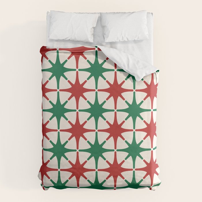 Festive Mid-Century Stars & Sparkles in Green, Red & White Duvet Cover Gallery Image 1
