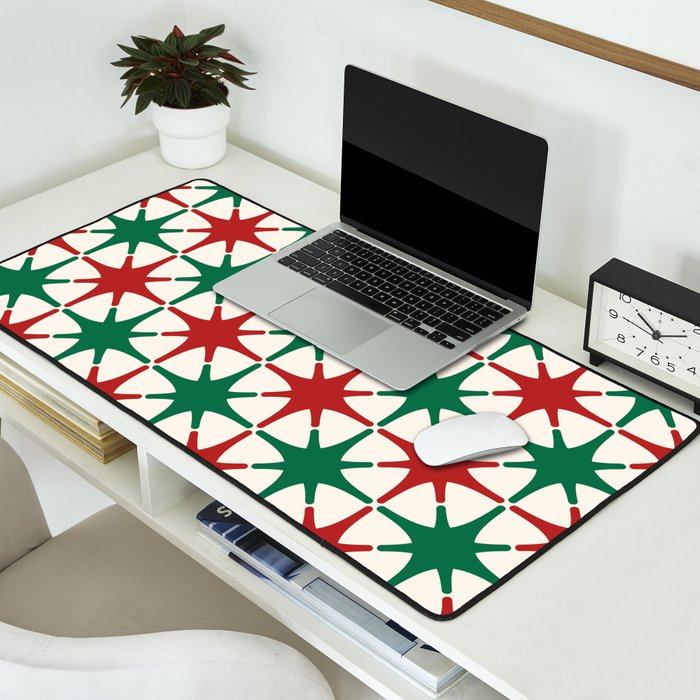 Festive Mid-Century Stars & Sparkles in Green, Red & White Desk Mat Gallery Image 2