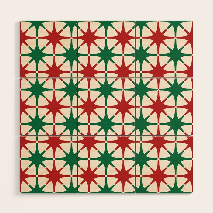 Festive Mid-Century Stars & Sparkles in Green, Red & White Wood Wall Art Gallery Image 1