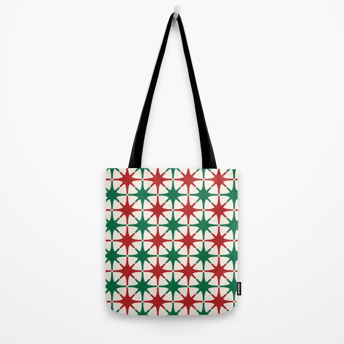 Festive Mid-Century Stars & Sparkles in Green, Red & White Tote Bag Gallery Image 2