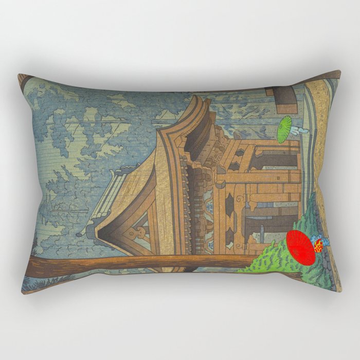Asano Takeji Japanese Woodblock Print Vintage Mid Century Art Shinto Shrine Forest Rectangular Pillow Gallery Image 1