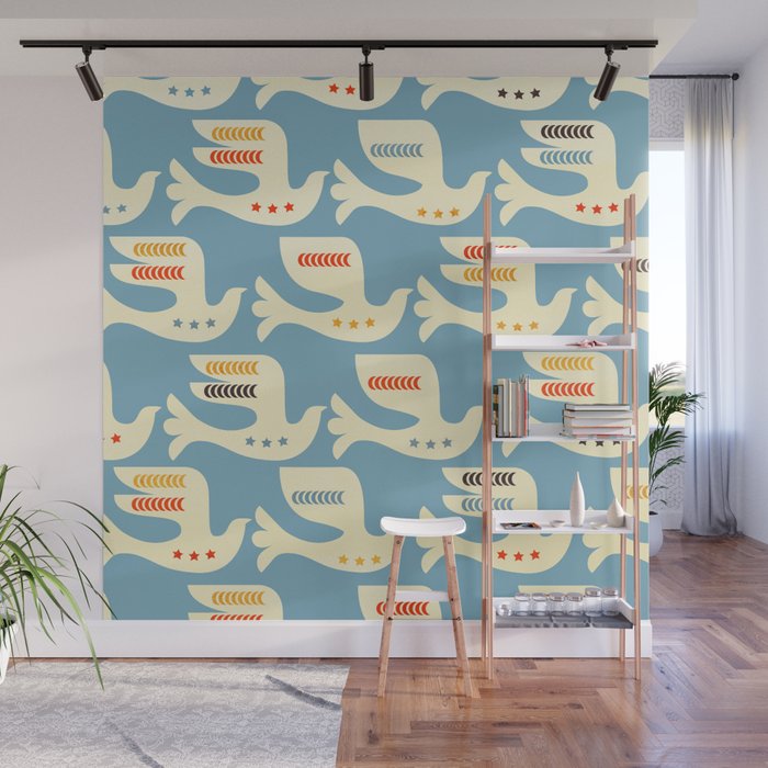 Festive Birds Blue Wall Mural Gallery Image 1