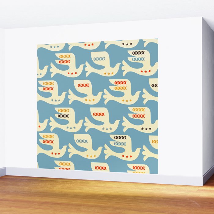 Festive Birds Blue Wall Mural Gallery Image 2