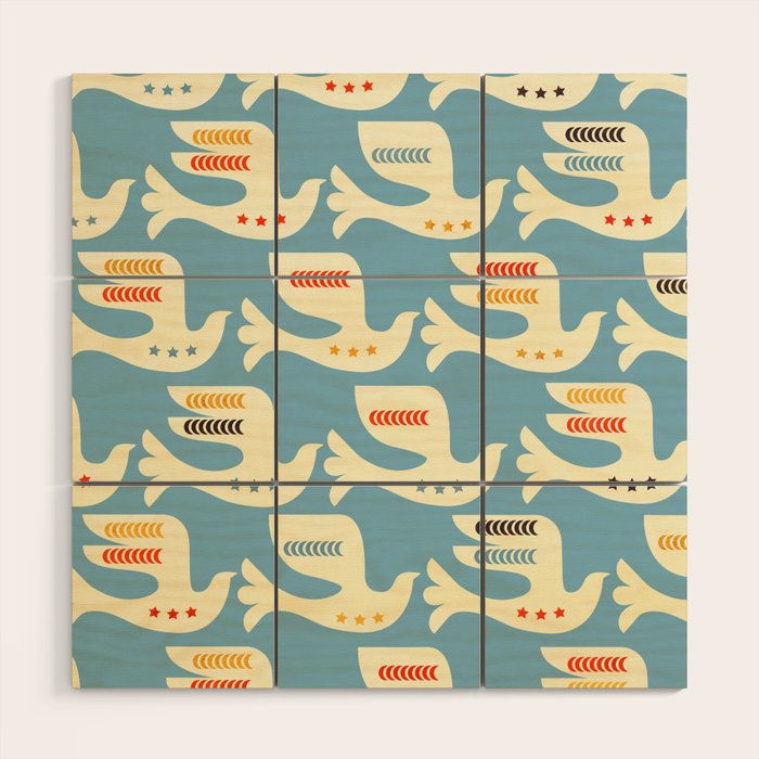Festive Birds Blue Wood Wall Art Gallery Image 1