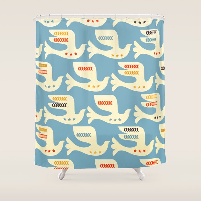 Festive Birds Blue Shower Curtain Gallery Image 1