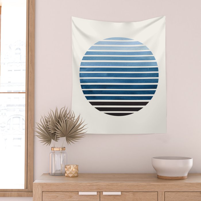 Green Blue Mid Century Modern Minimalist Scandinavian Colorful Stripes Geometric Pattern Round Circl Wall Tapestry Gallery Image 2